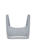 Heather gray square-neck wireless bra with wide straps and contrast white piping along the band, front view.