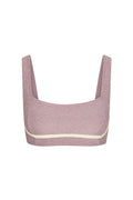 Front view of Zion Bra in heather mauve showing square neckline, wide straps and ivory contrast band on white background