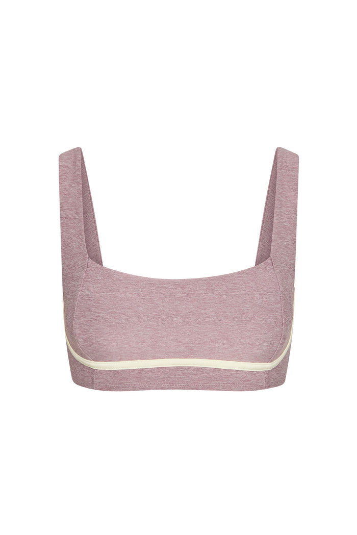 Front view of Zion Bra in heather mauve showing square neckline, wide straps and ivory contrast band on white background