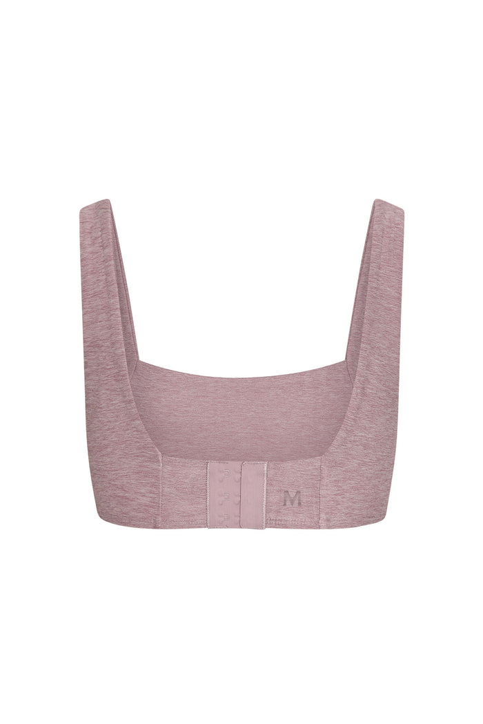 Back view of mauve heathered sports bra with three-hook closure and 'M' size marking on the band.