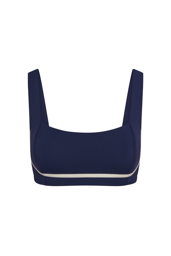 Front view of Zion bra in midnight with ivory contrast band, square neckline and wide straps on white background