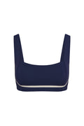 Front view of Zion bra in midnight with ivory contrast band, square neckline and wide straps on white background