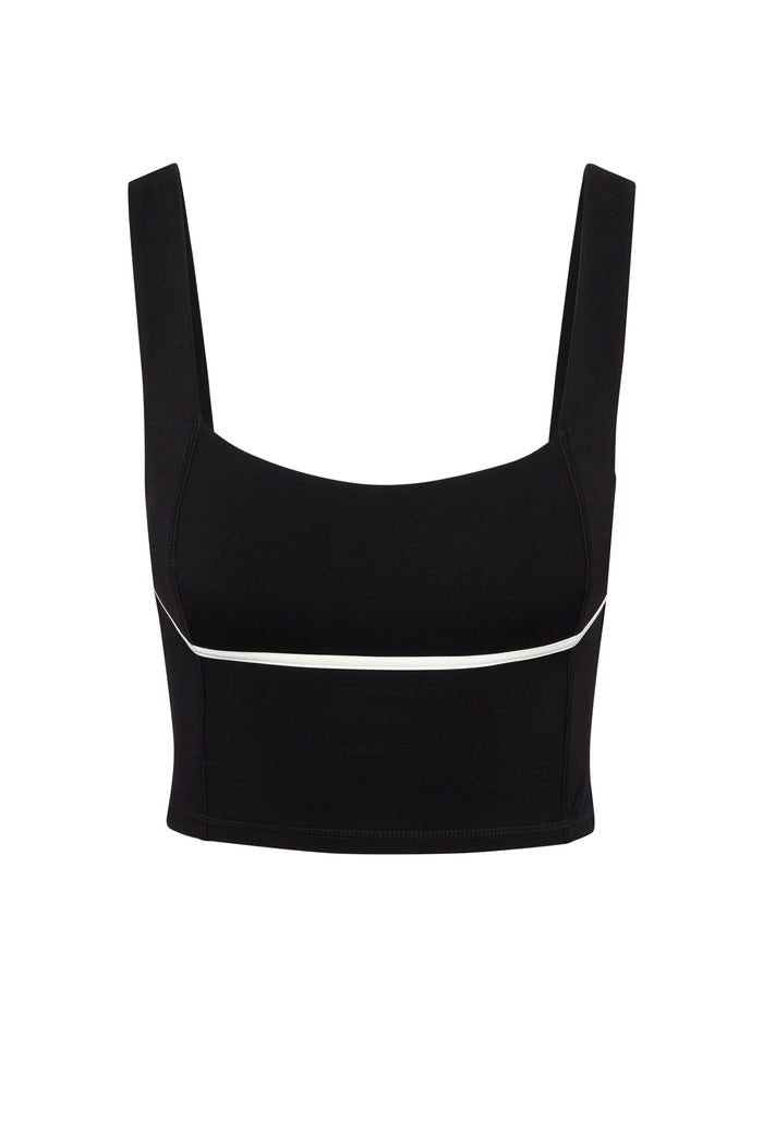 Front close-up of Zion Tank in Black/Ivory showcasing square neckline, wide straps, and contrast ivory underbust piping on white background
