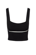Front close-up of Zion Tank in Black/Ivory showcasing square neckline, wide straps, and contrast ivory underbust piping on white background