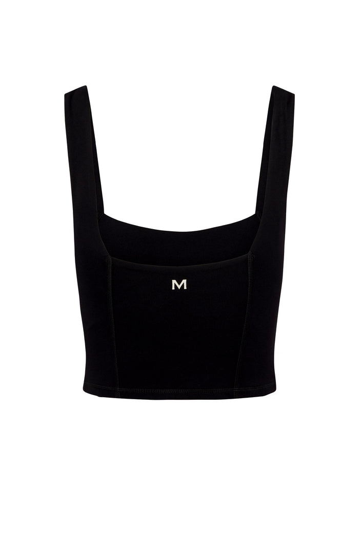 Front view of Zion Tank in black with square neck, wide straps, cropped fit and centered white M logo on white background