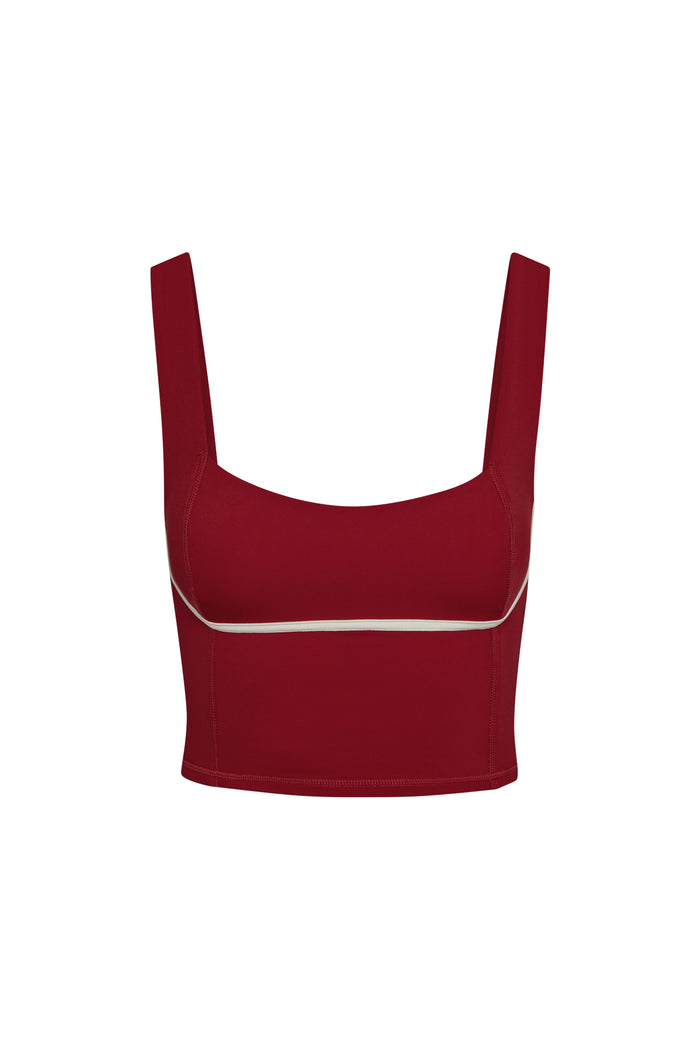 Front view of Zion Tank in cherry with ivory trim showing square neckline, wide straps and contour seaming on white background