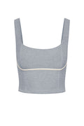 Heather-gray cropped tank top with wide straps and light-cream piping under the bust