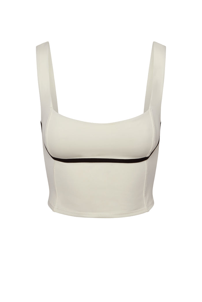 Cream cropped tank top with square neckline and black piped underbust seam