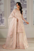 Zri by NAQSHI full front view—peach organza outfit with embroidery, sequin spray, broad neckline and motif detail
