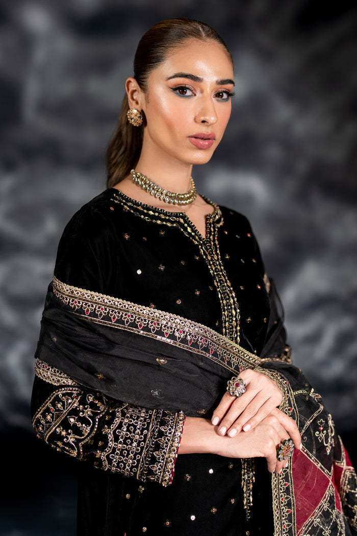 Detailed shot of NAQSHI Zuni shirt front densely covered in pure mukeish sparkle across velvet for high-shine texture.
