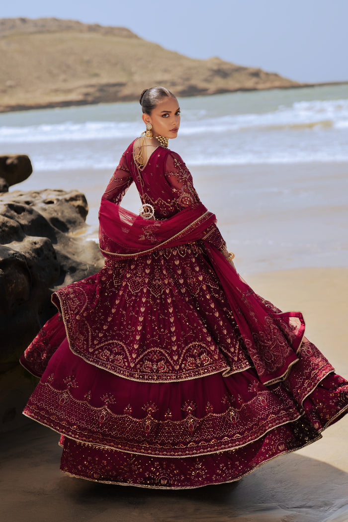 Close-up of NAQSHI Zureal frock bodice highlighting dense hand-adda embroidery, sequin clusters, threadwork and handmade hanging embellishments.